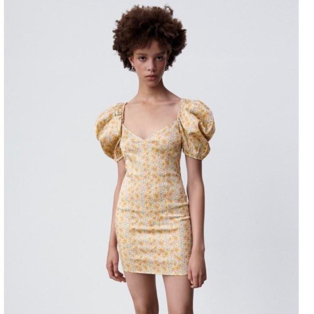 Zara Yellow Floral Silk Satin Short Puff Sleeve Bustier Mini Bodycon Dress Sz M
